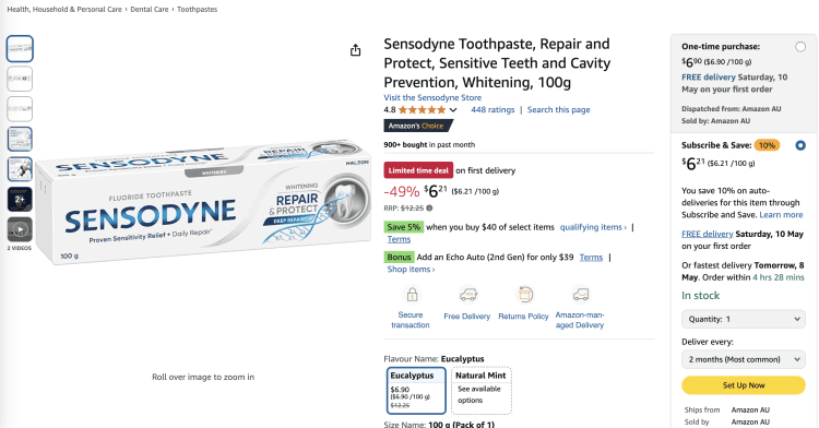Amazon: Sensodyne Whitening Repair and Protect Toothpaste 100g – 49% Off, now $6.21